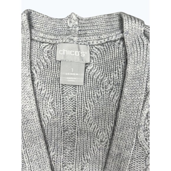 Chico's Cable Stitch Open Front Cardigan Sweater Gray Wool Cashmere Size 1 US M - Picture 7 of 16